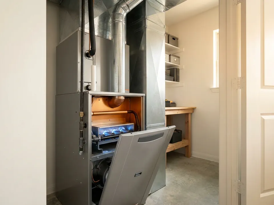 A furnace in a utility closet with its front panel open.