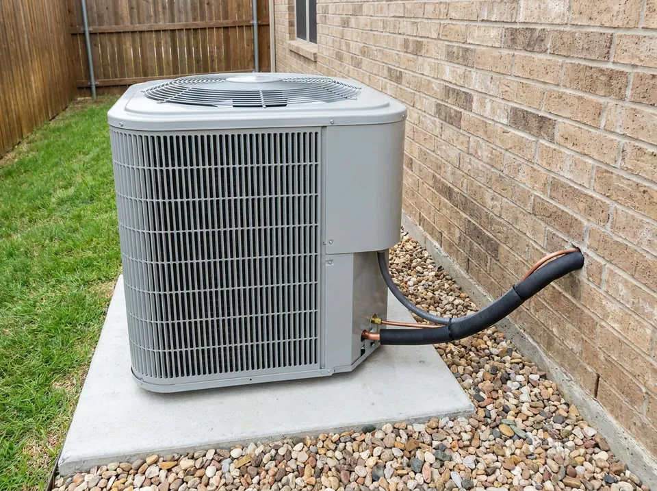 A new outdoor unit on a fresh pad beside a brick wall.