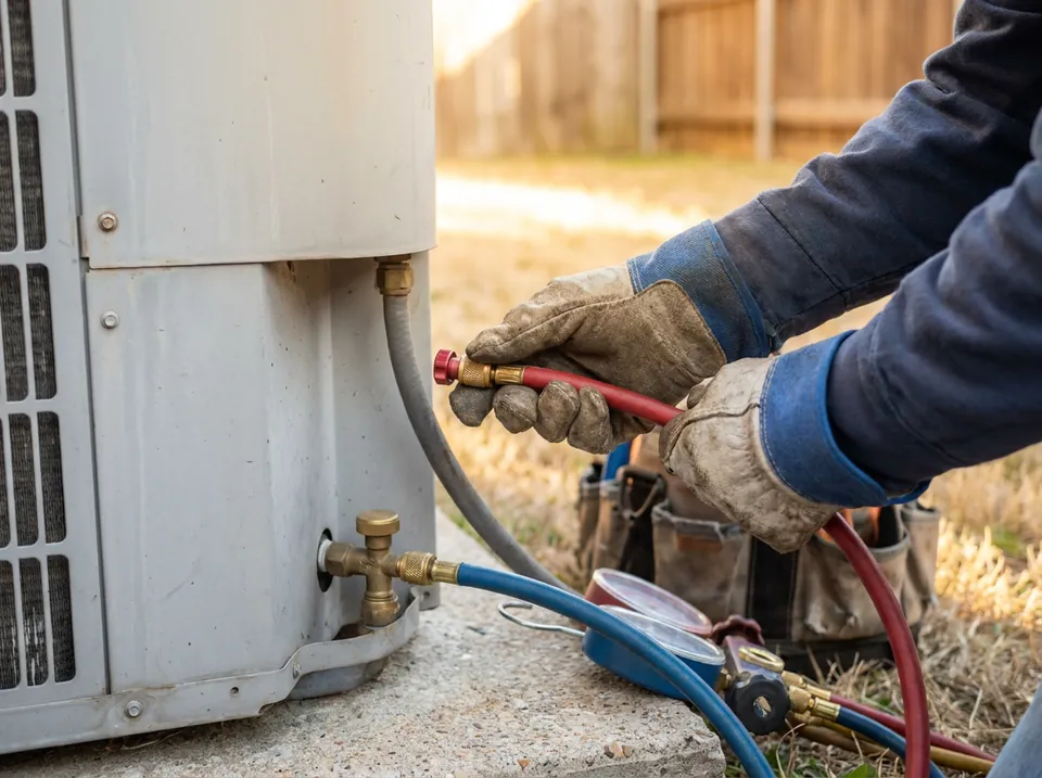 A technician's gloved hands connecting gauges to an outdoor unit's service valves.