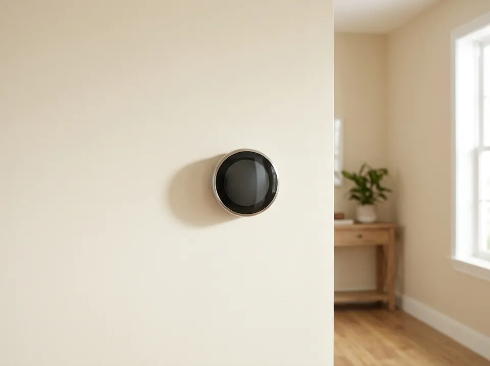 A round wall thermostat in a bright hallway.