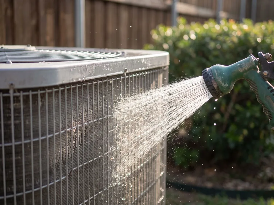 A garden hose rinsing the coil fins of an outdoor unit.